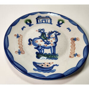 M A Hadley Hand Painted Pottery 9” Plate Boy On Horse House Boat Farm Signed